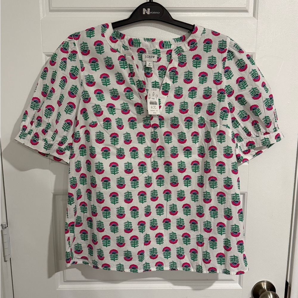 J. Crew White Short-Sleeve Tee with Pink & Green Floral Motif